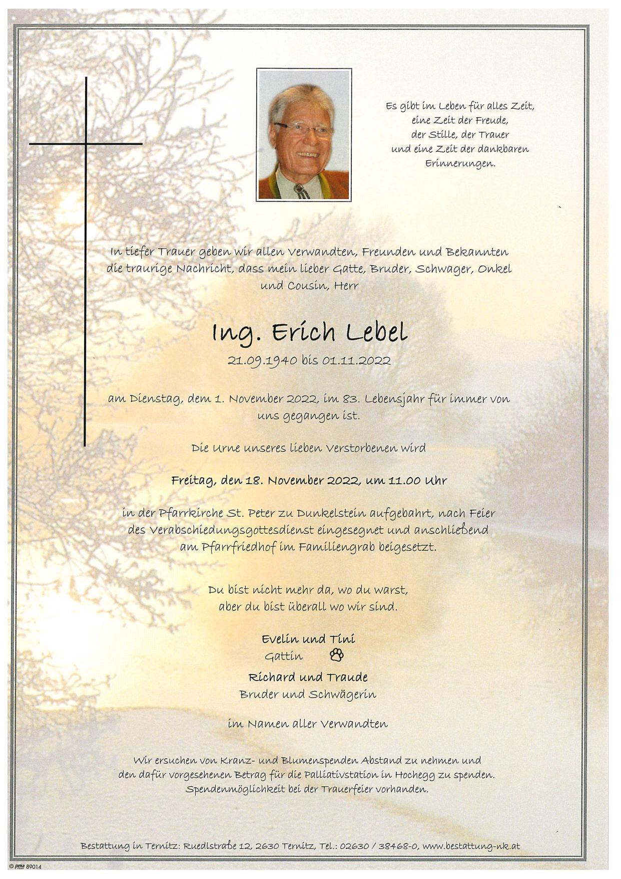 Traueranzeige von Ing. Erich Lebel