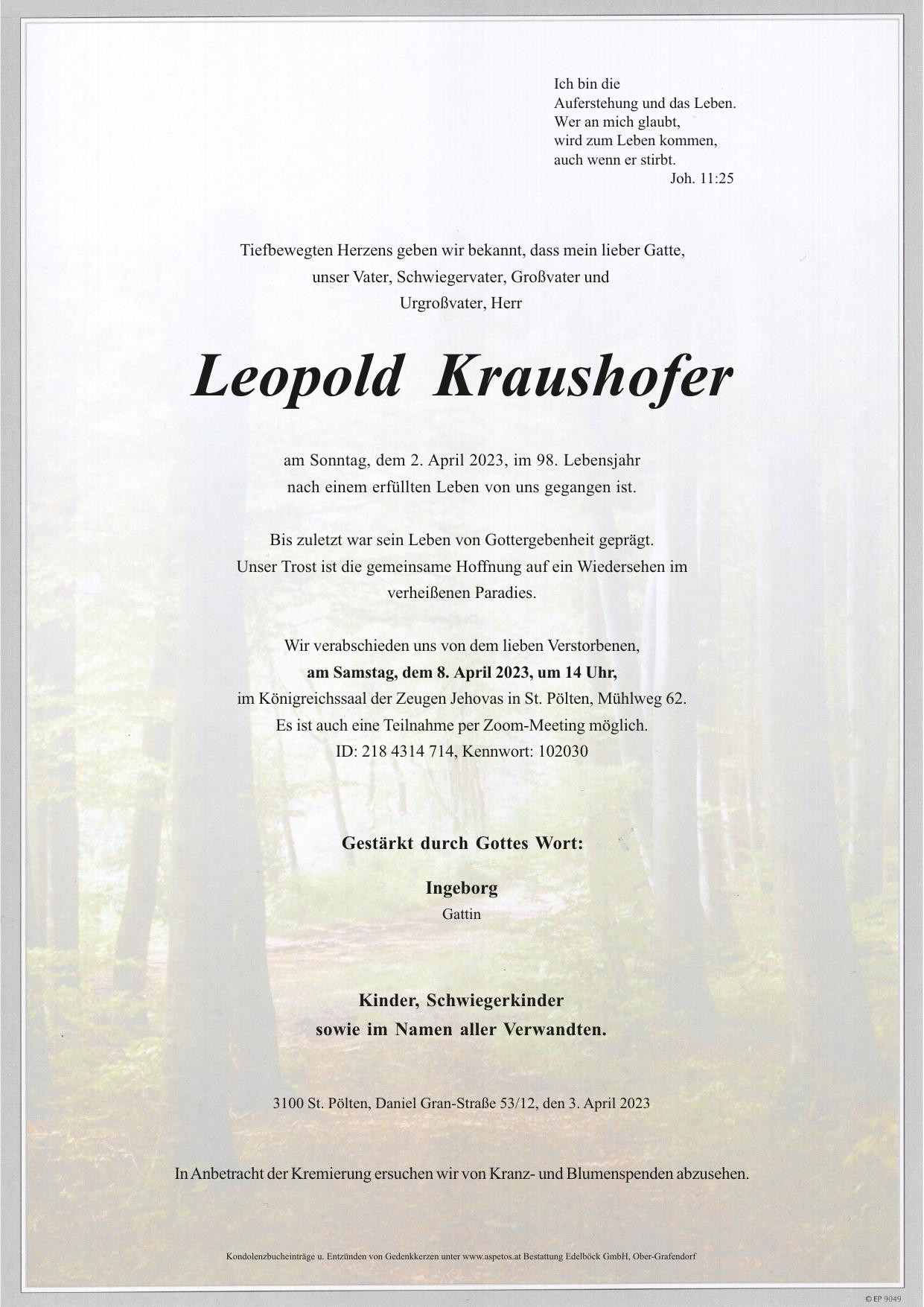 Traueranzeige von Leopold Kraushofer