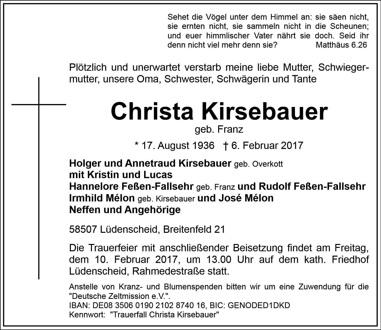 Traueranzeige von Christa Kirsebauer