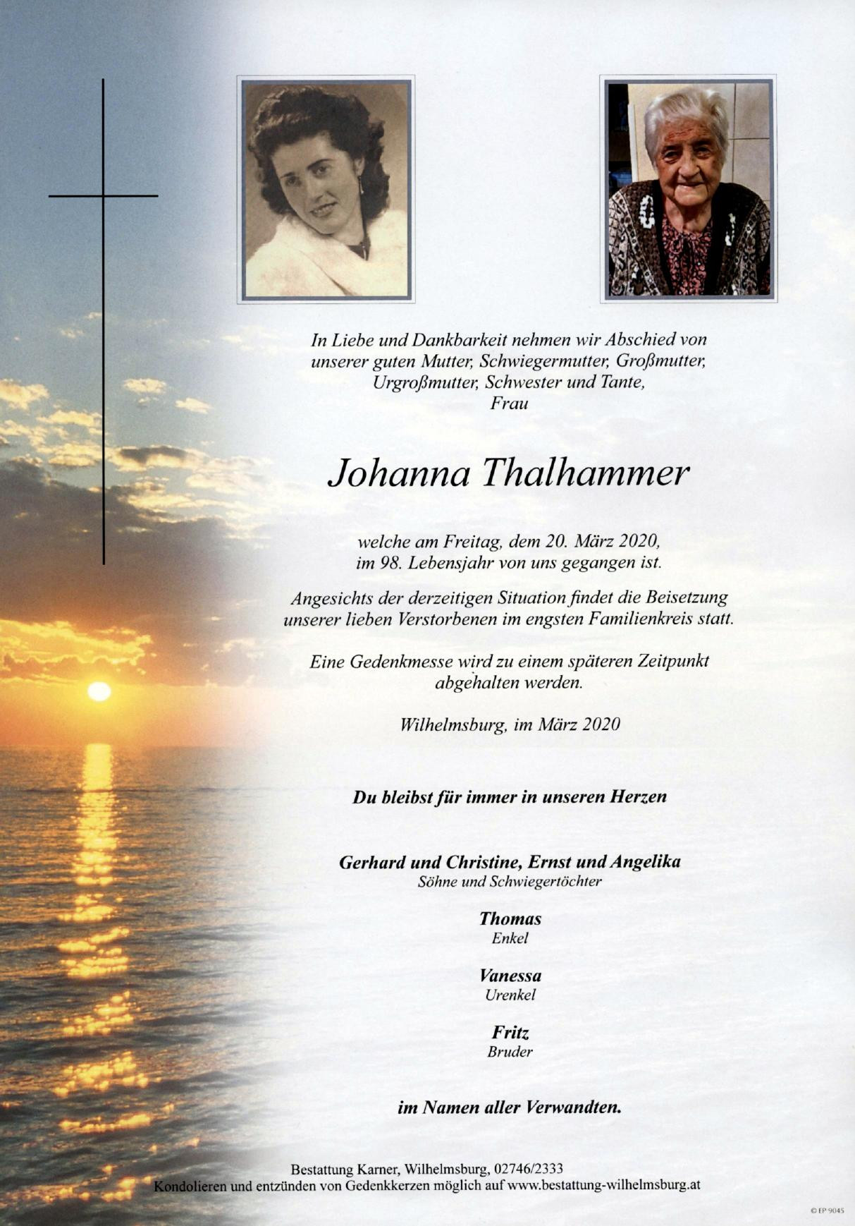 Traueranzeige von Johanna Thalhammer