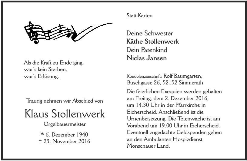 Traueranzeige von Klaus Stollenwerk