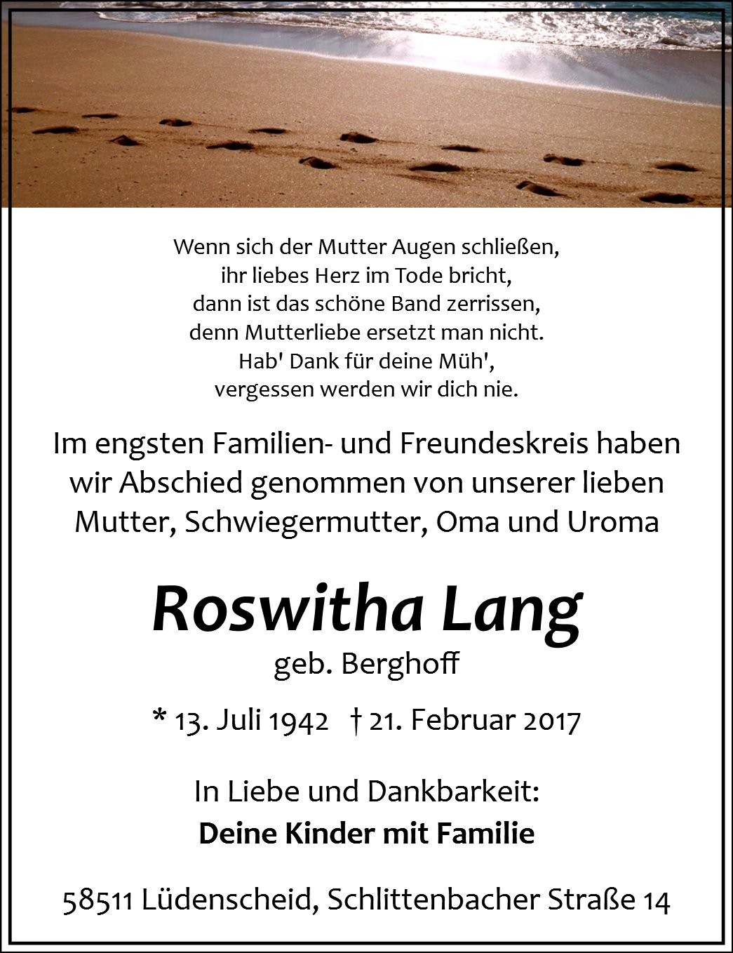 Traueranzeige von Roswitha Lang