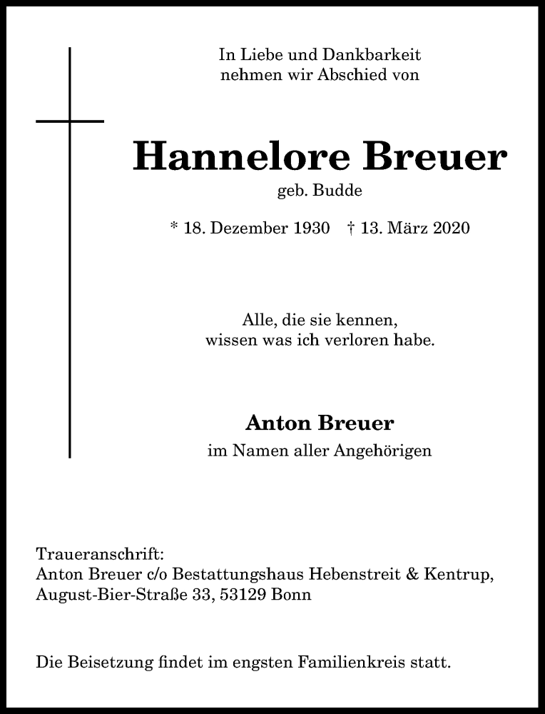 Traueranzeige von Hannelore Breuer