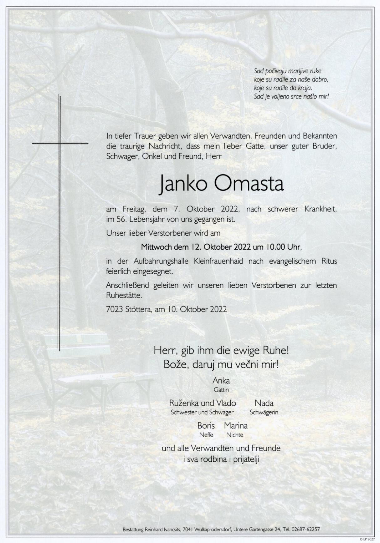 Traueranzeige von Janko Omasta