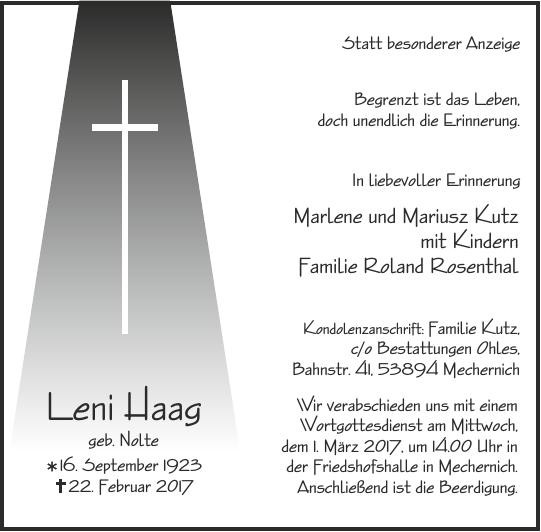 Traueranzeige von Leni Haag