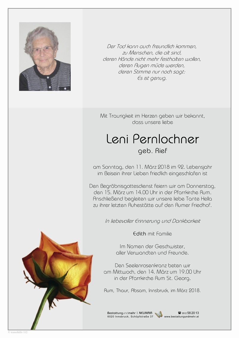 Traueranzeige von Helene Pernlochner