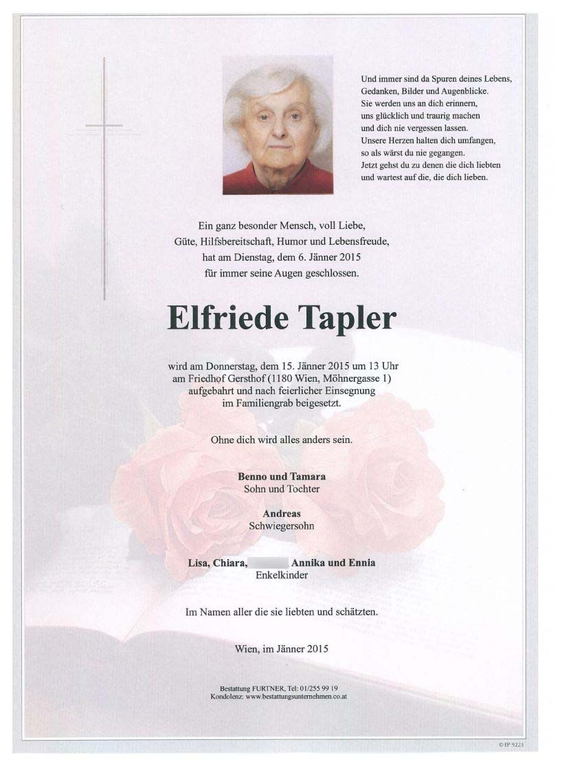 Traueranzeige von Elfriede Tapler