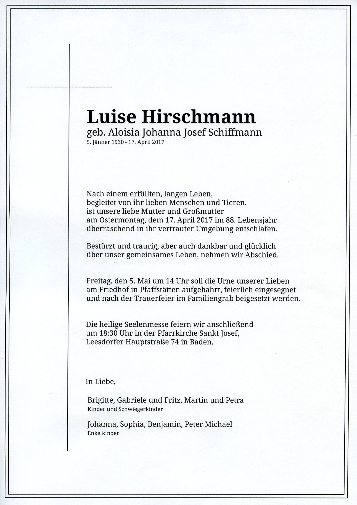 Traueranzeige von Aloisia Hirschmann