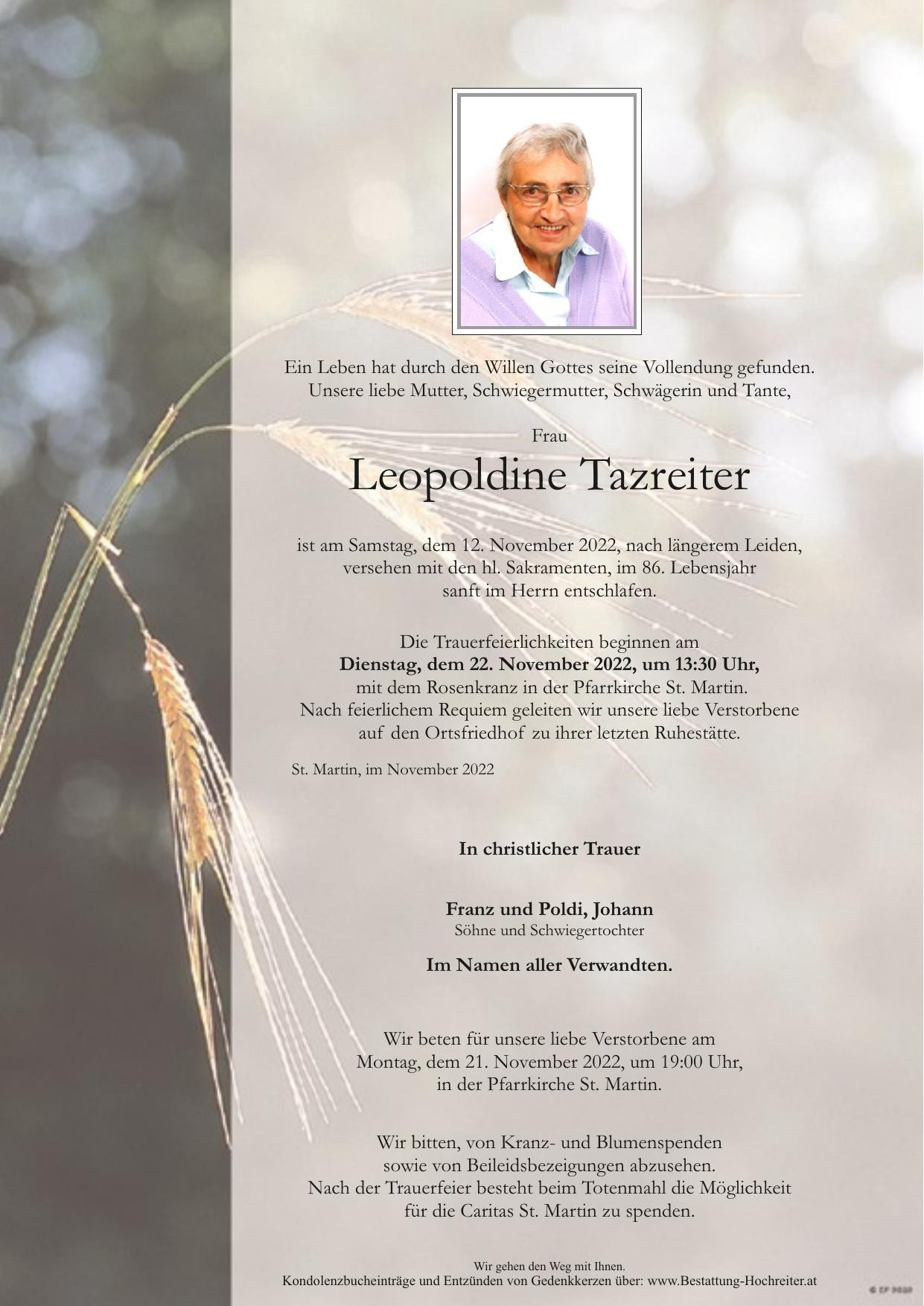 Traueranzeige von Leopoldine Tazreiter