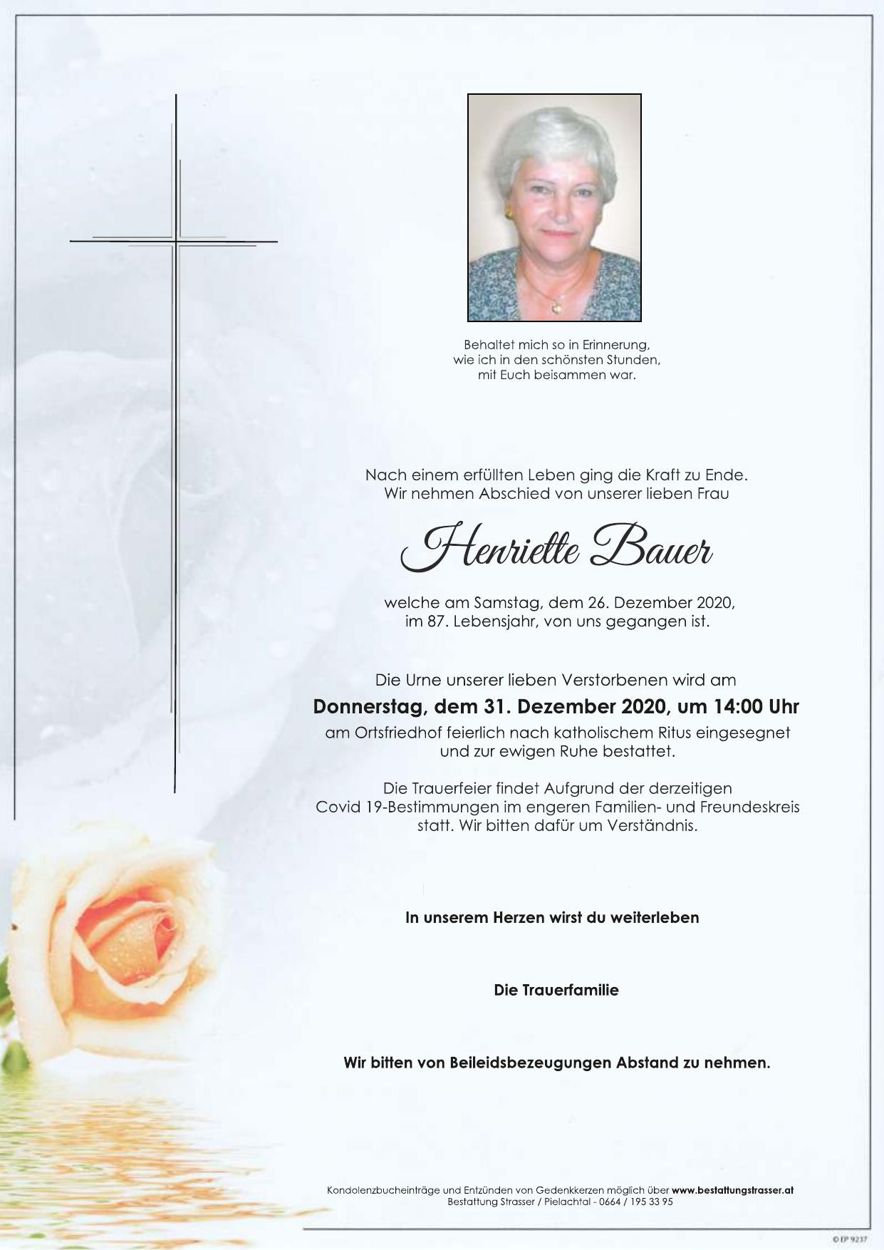 Traueranzeige von Henriette Bauer