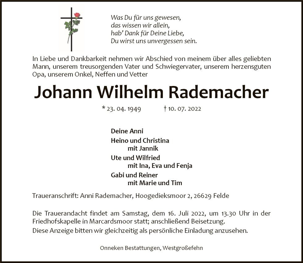 Traueranzeige von Johann Wilhelm Rademacher