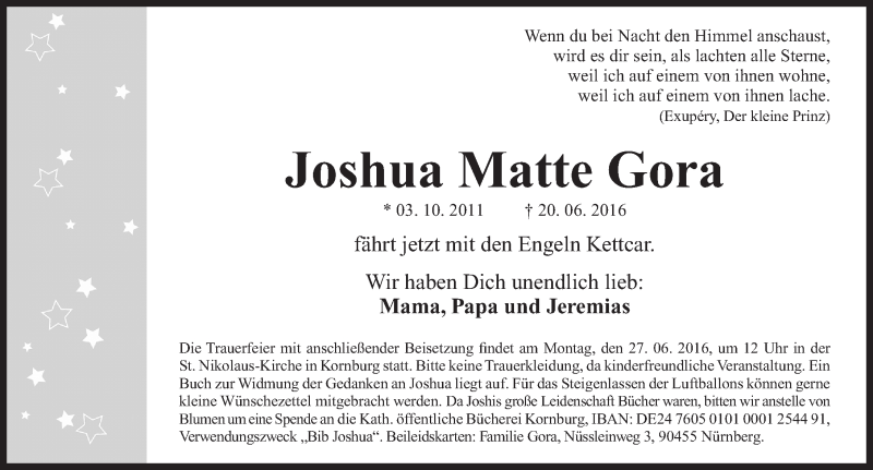 Traueranzeige von Joshua Matte Gora