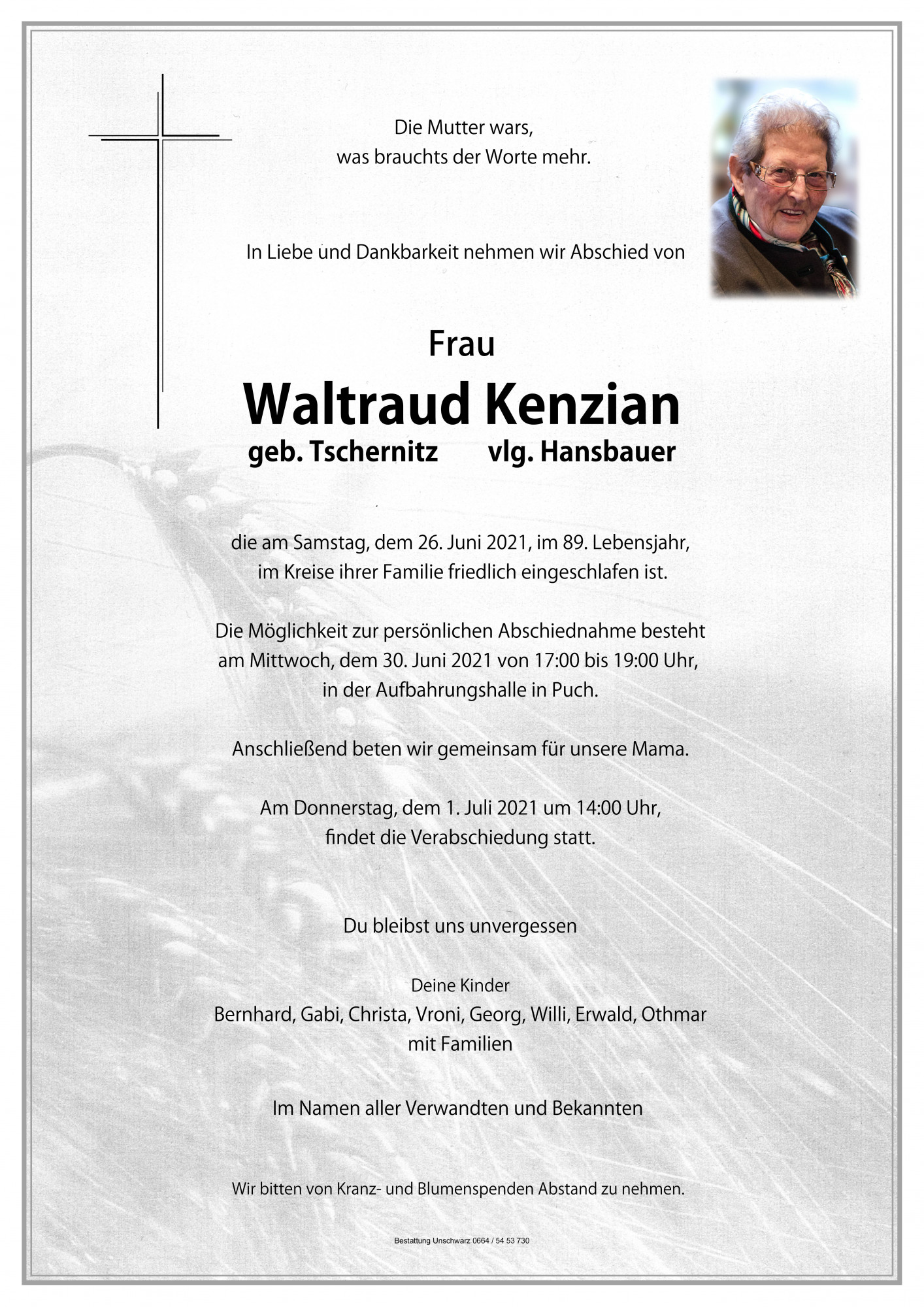 Traueranzeige von Waltraud Kenzian