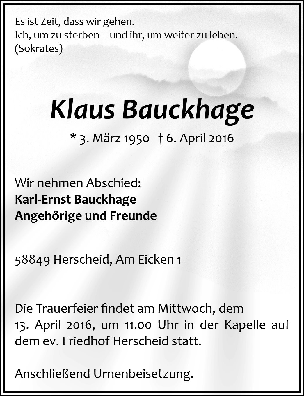 Traueranzeige von Klaus Bauckhage