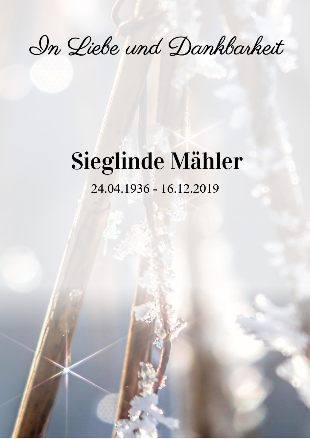 Traueranzeige von Sieglinde Mähler