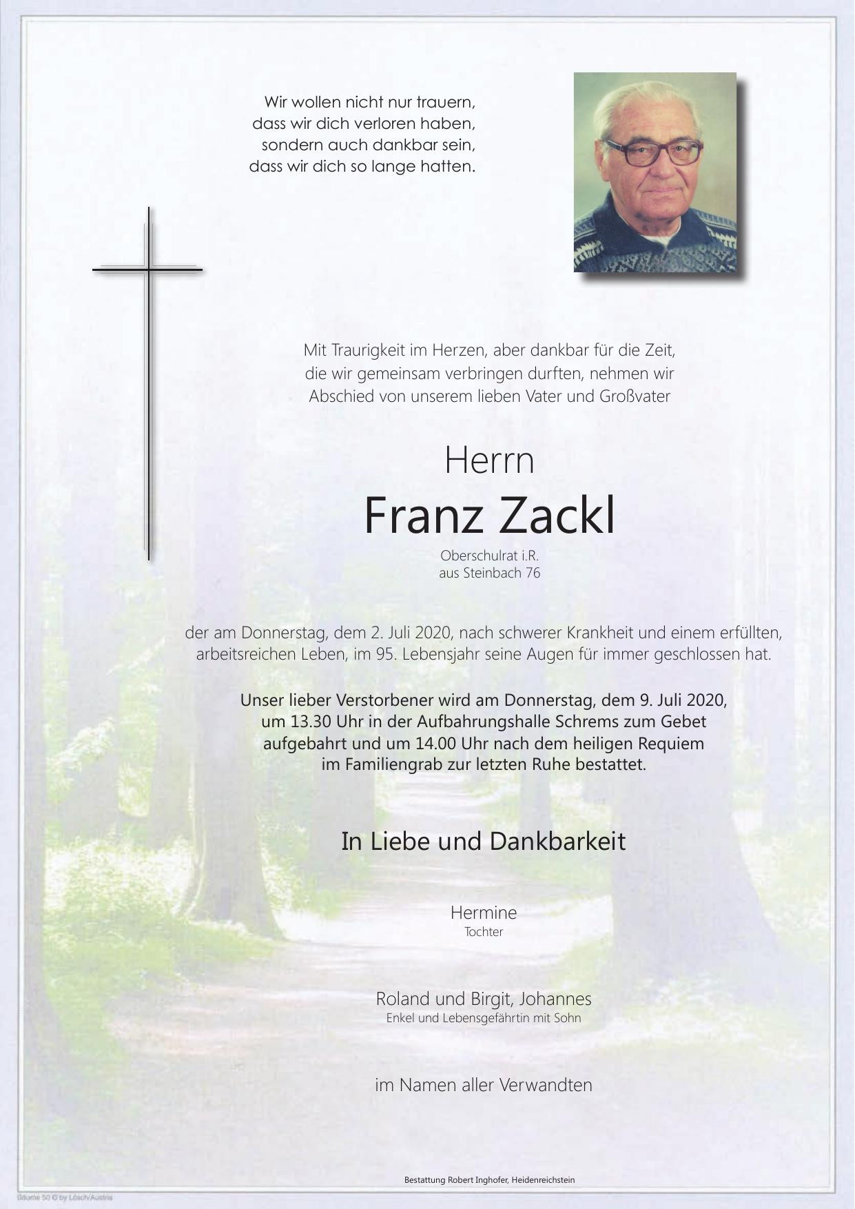 Traueranzeige von Oberschulrat i.R. Franz Zackl