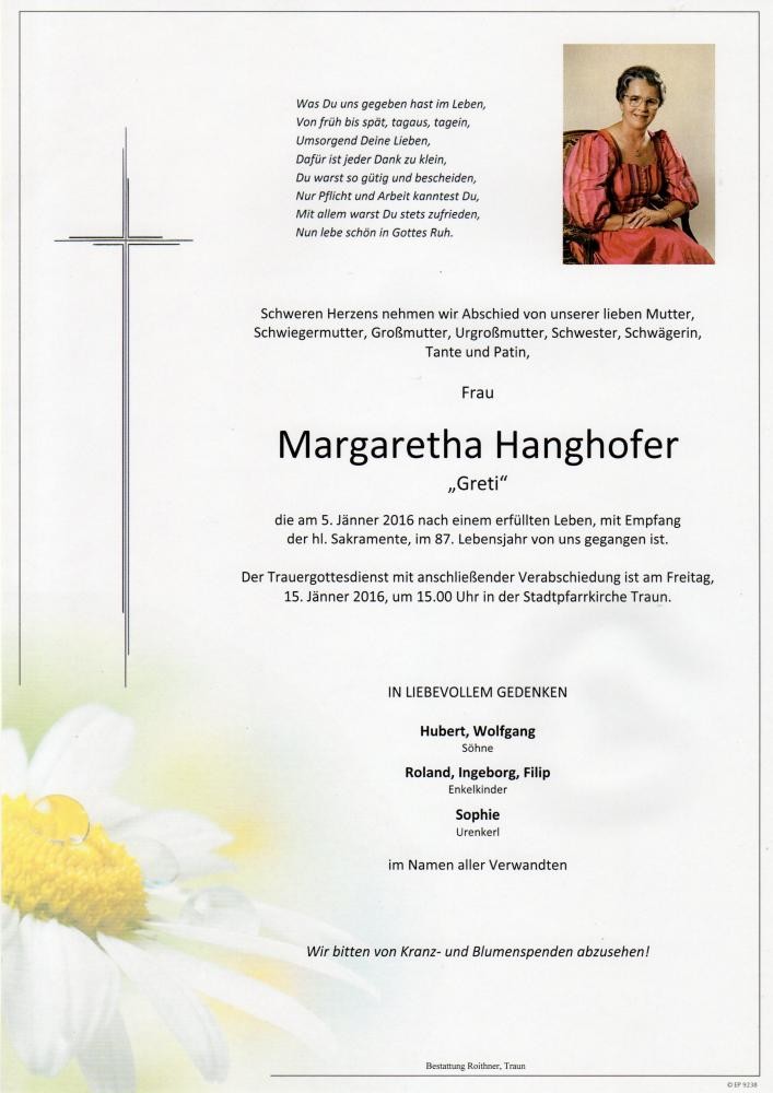 Traueranzeige von Margaretha Hanghofer