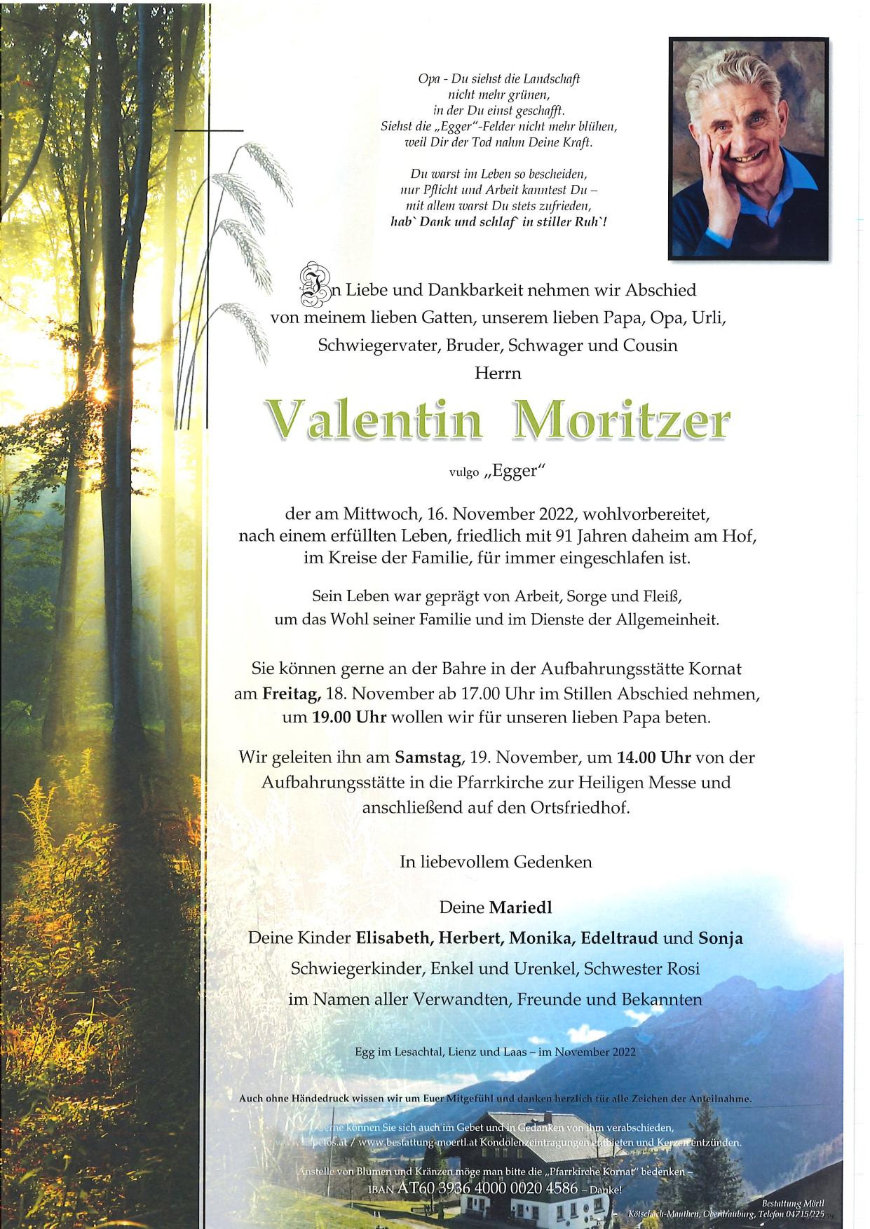 Traueranzeige von Valentin Moritzer