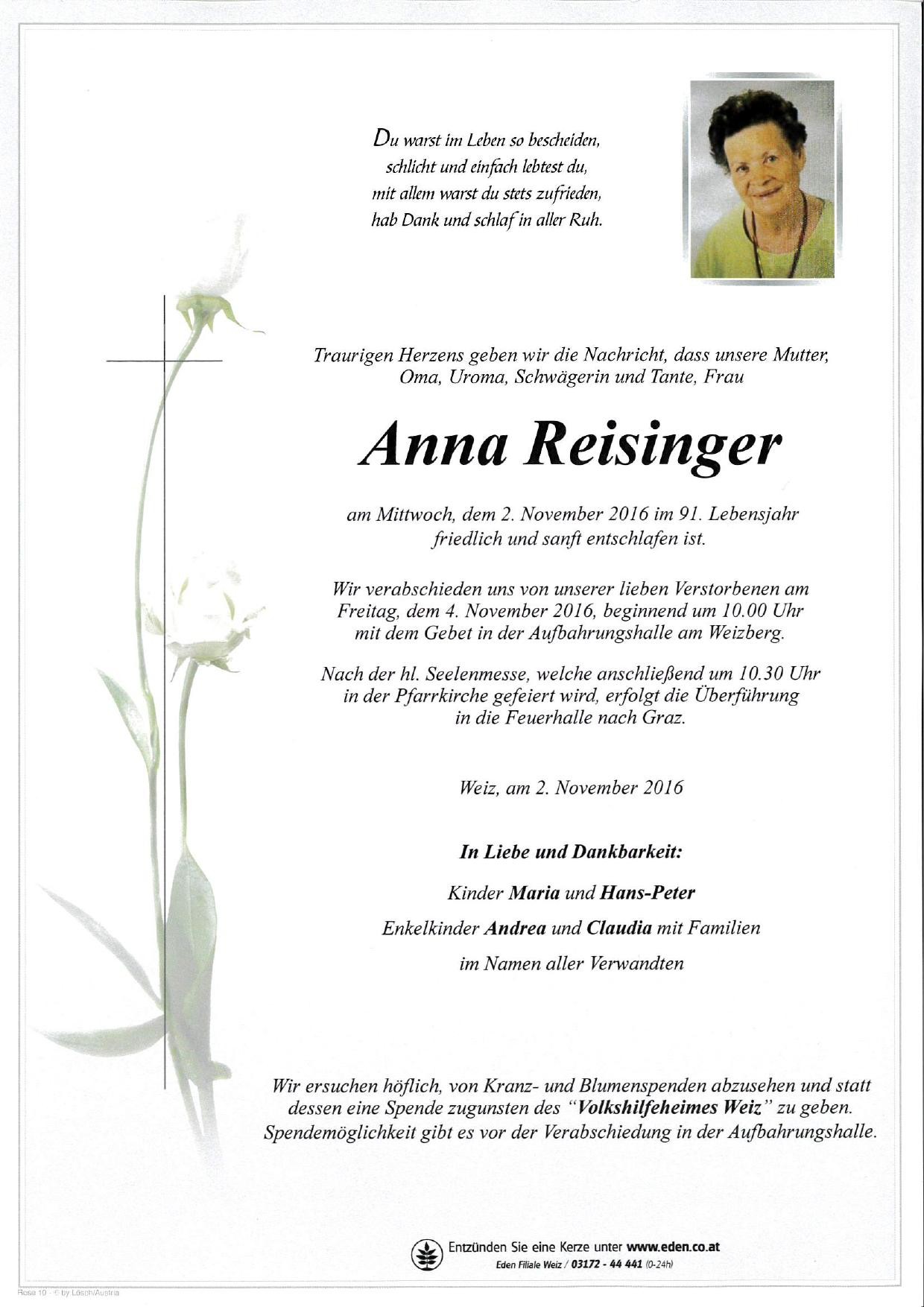 Traueranzeige von Anna Reisinger