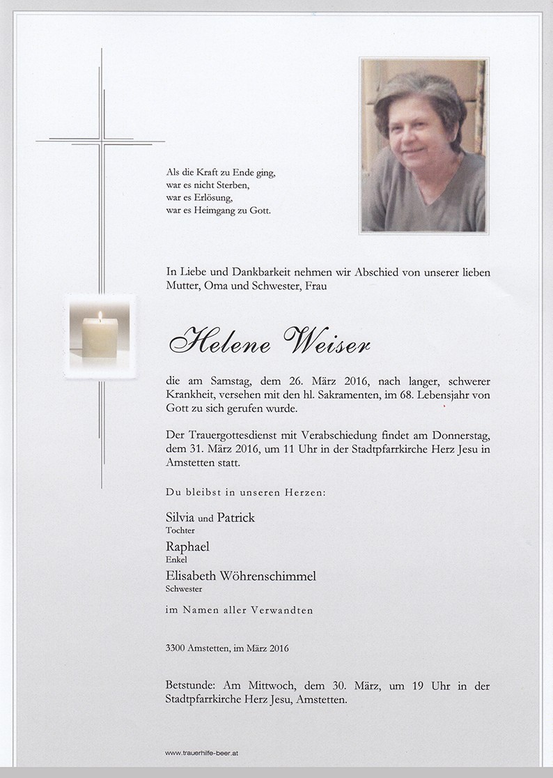 Traueranzeige von Helene Weiser