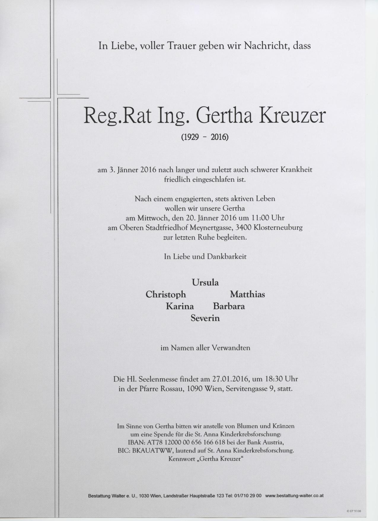 Traueranzeige von Reg.Rat Ing. Gertha Kreuzer