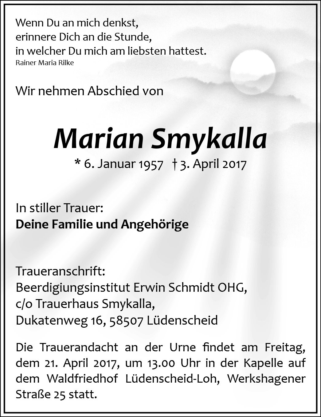Traueranzeige von Marian Smykalla