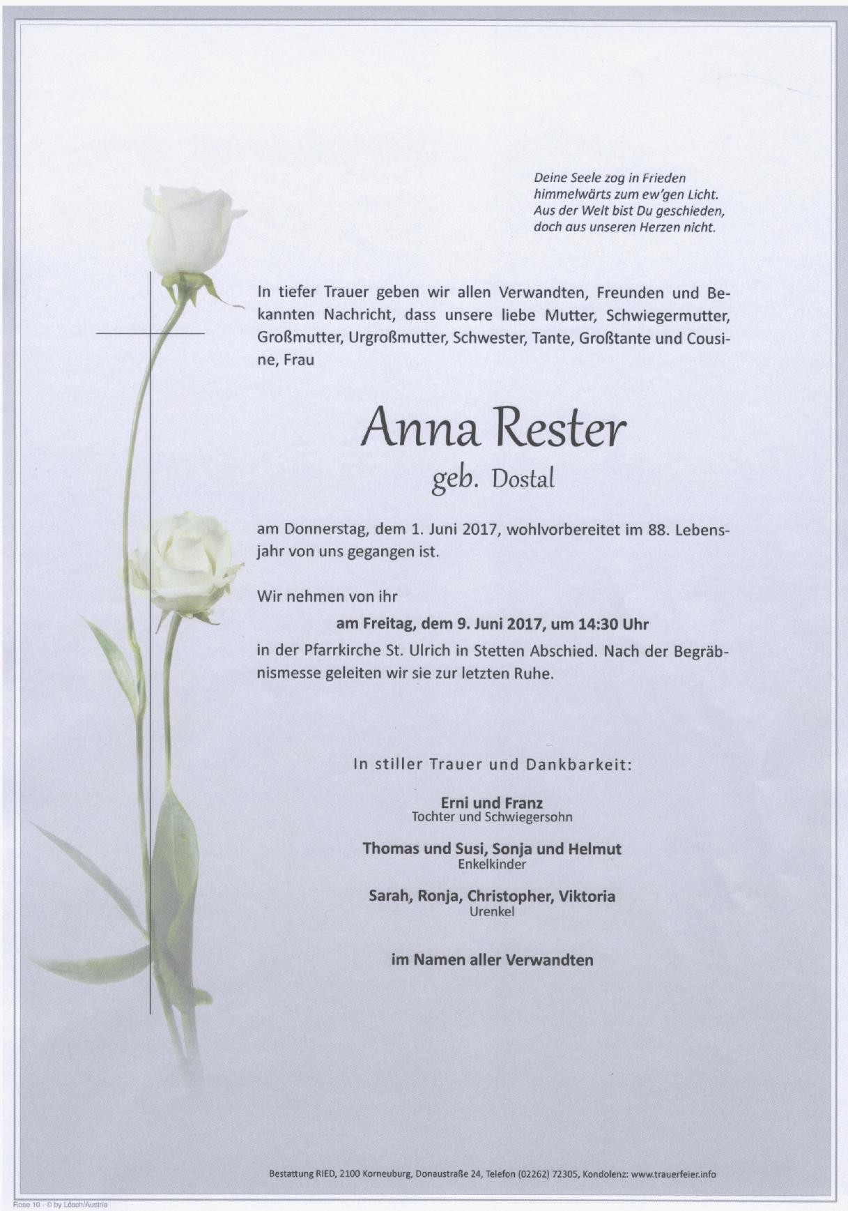 Traueranzeige von Anna Rester