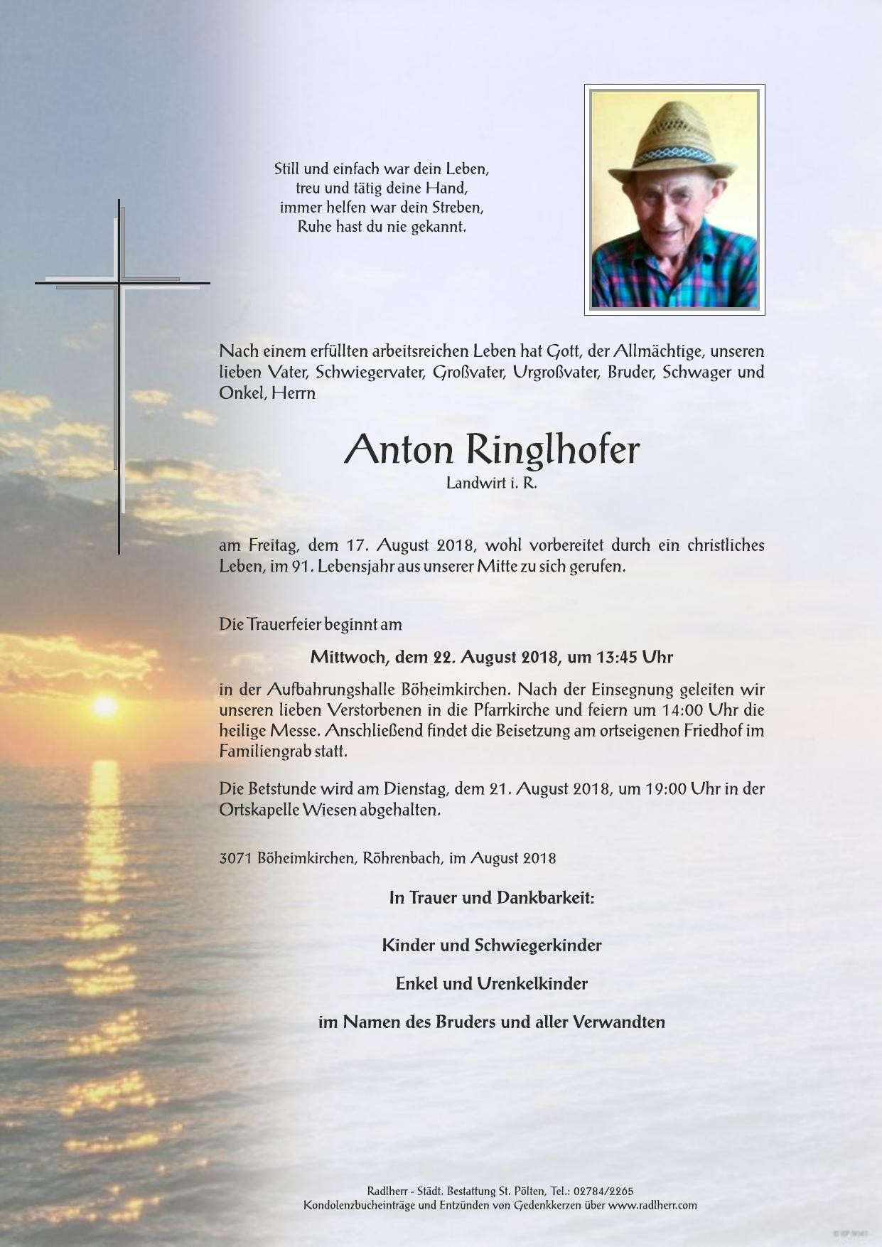 Traueranzeige von Anton Ringlhofer
