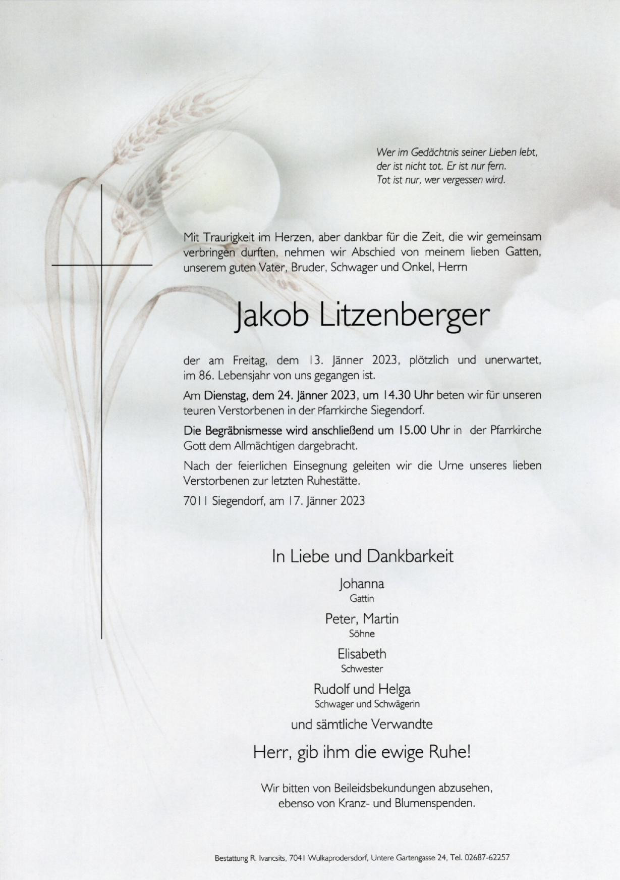 Traueranzeige von Jakob Litzenberger