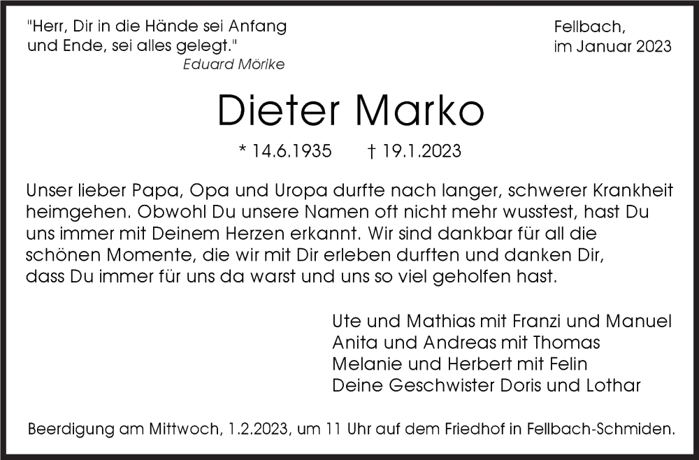 Traueranzeige von Dieter Marko
