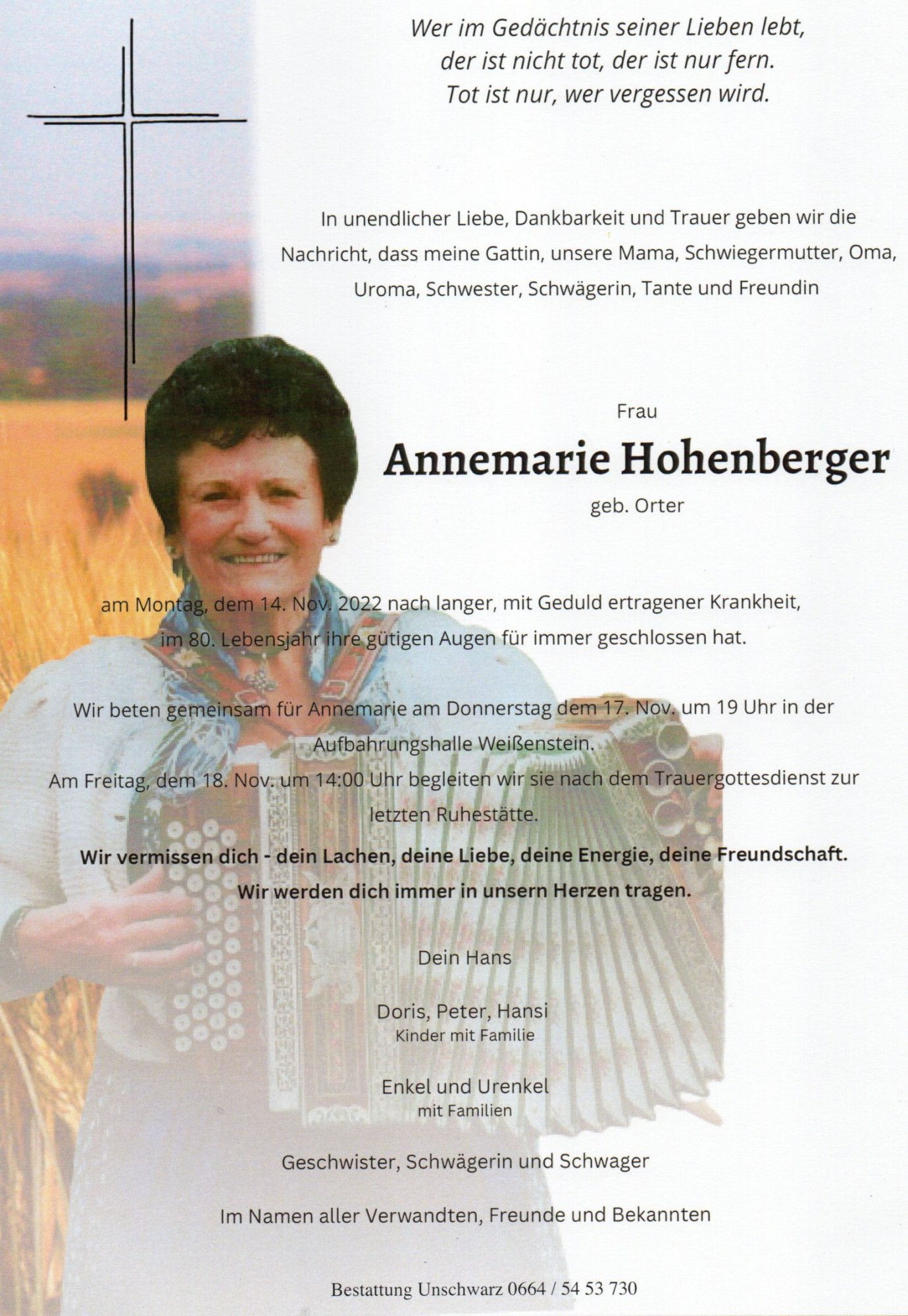 Traueranzeige von Annemarie Hohenberger