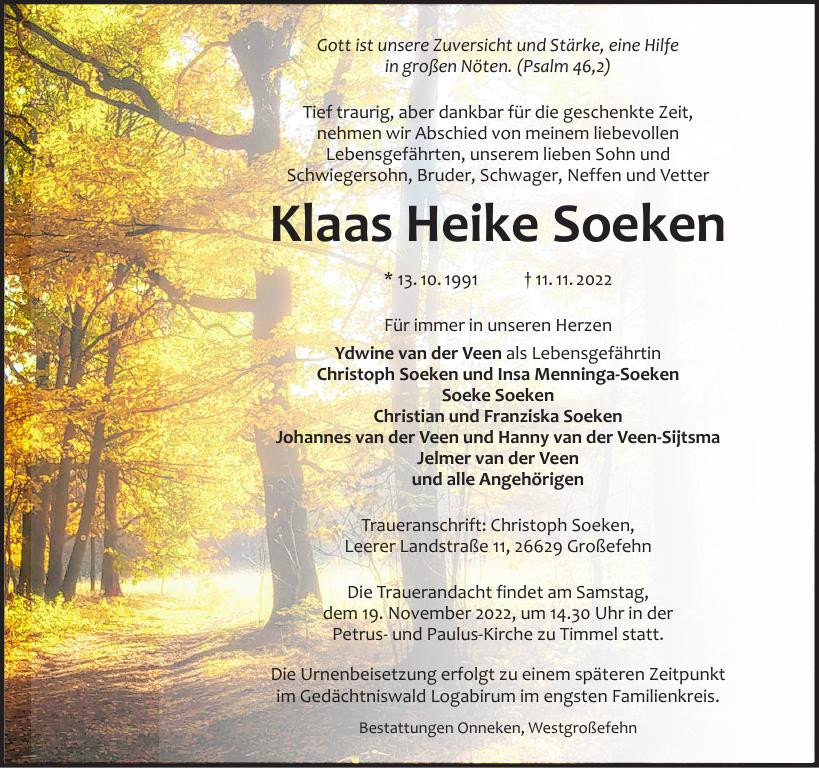 Traueranzeige von Klaas Heike Soeken
