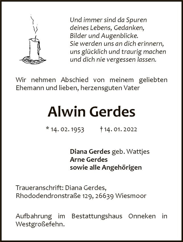 Traueranzeige von Alwin Gerdes