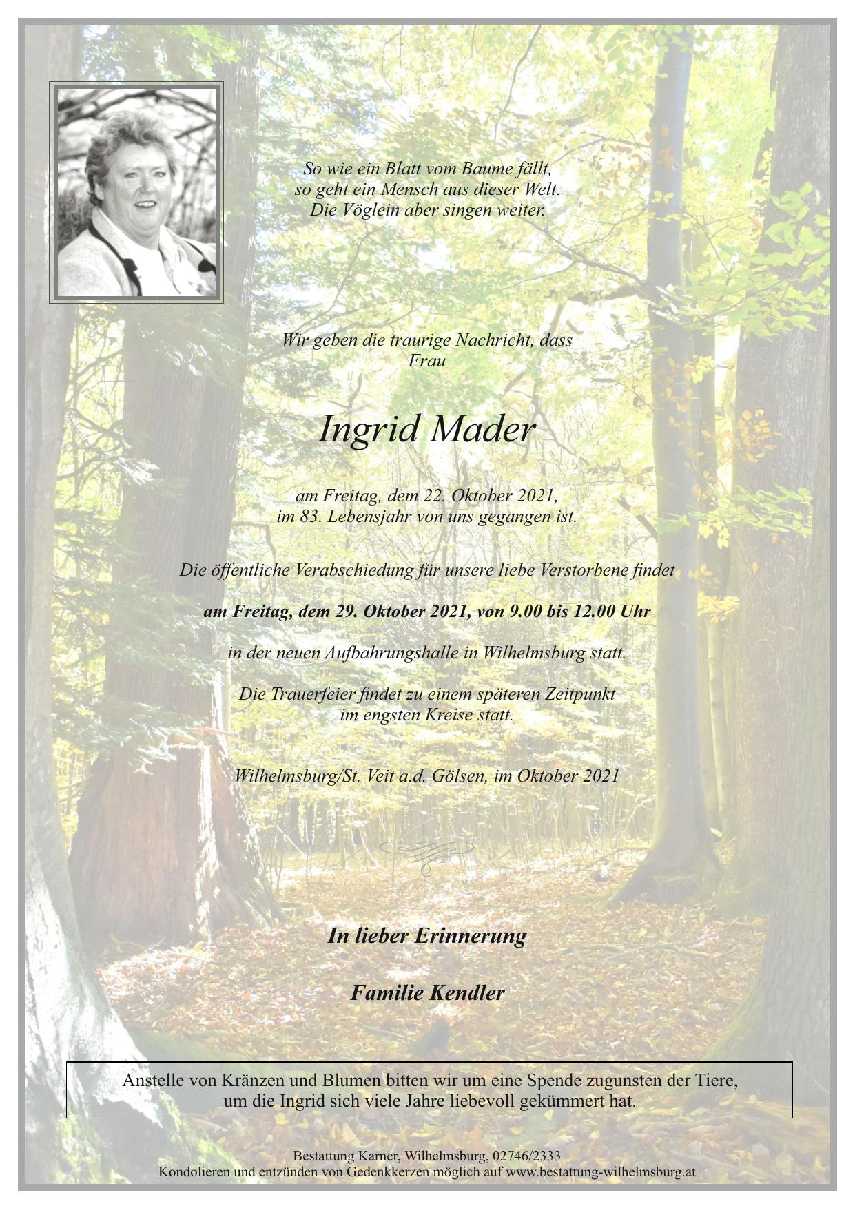 Traueranzeige von Ingrid Mader