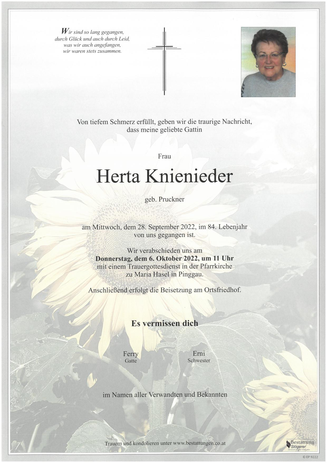 Traueranzeige von Herta Knienieder