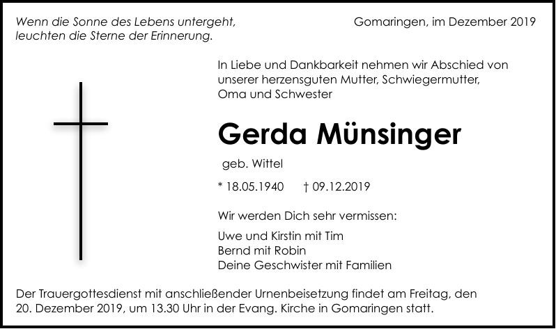 Traueranzeige von Gerda Münsinger