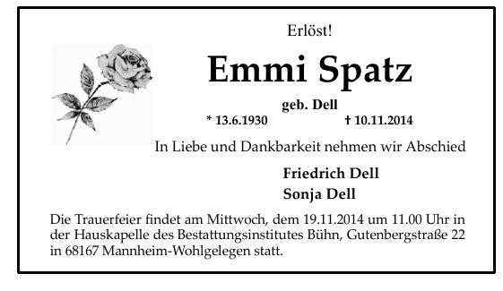Traueranzeige von Emmi Spatz