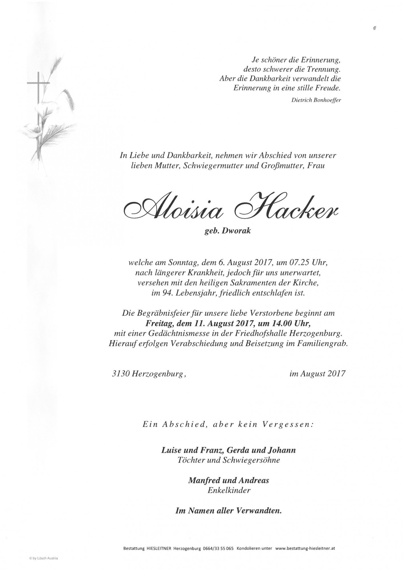 Traueranzeige von Aloisia Hacker