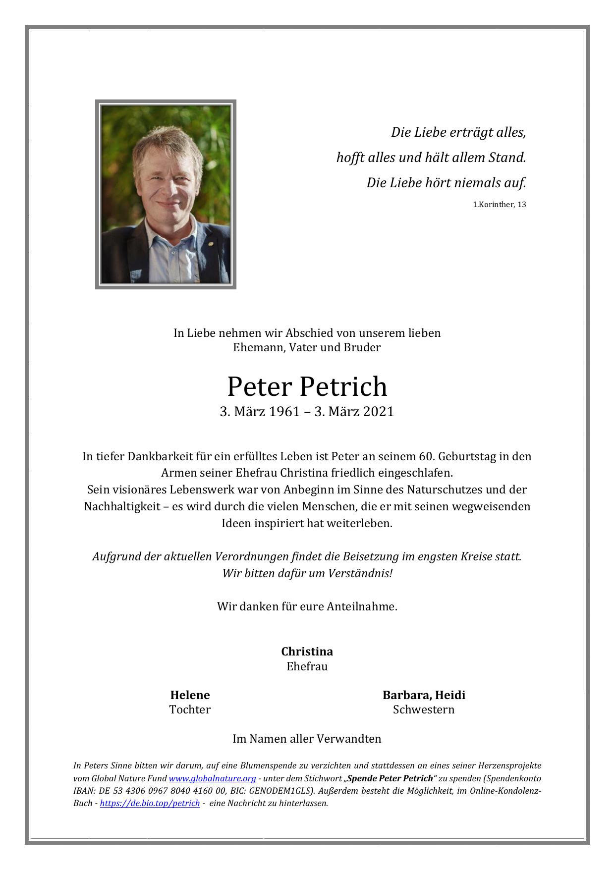 Traueranzeige von Dipl.-Ing. Peter Anton Petrich