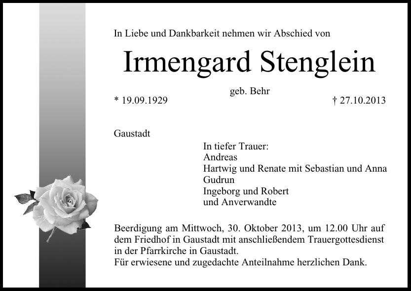 Traueranzeige von Irmengard Stenglein