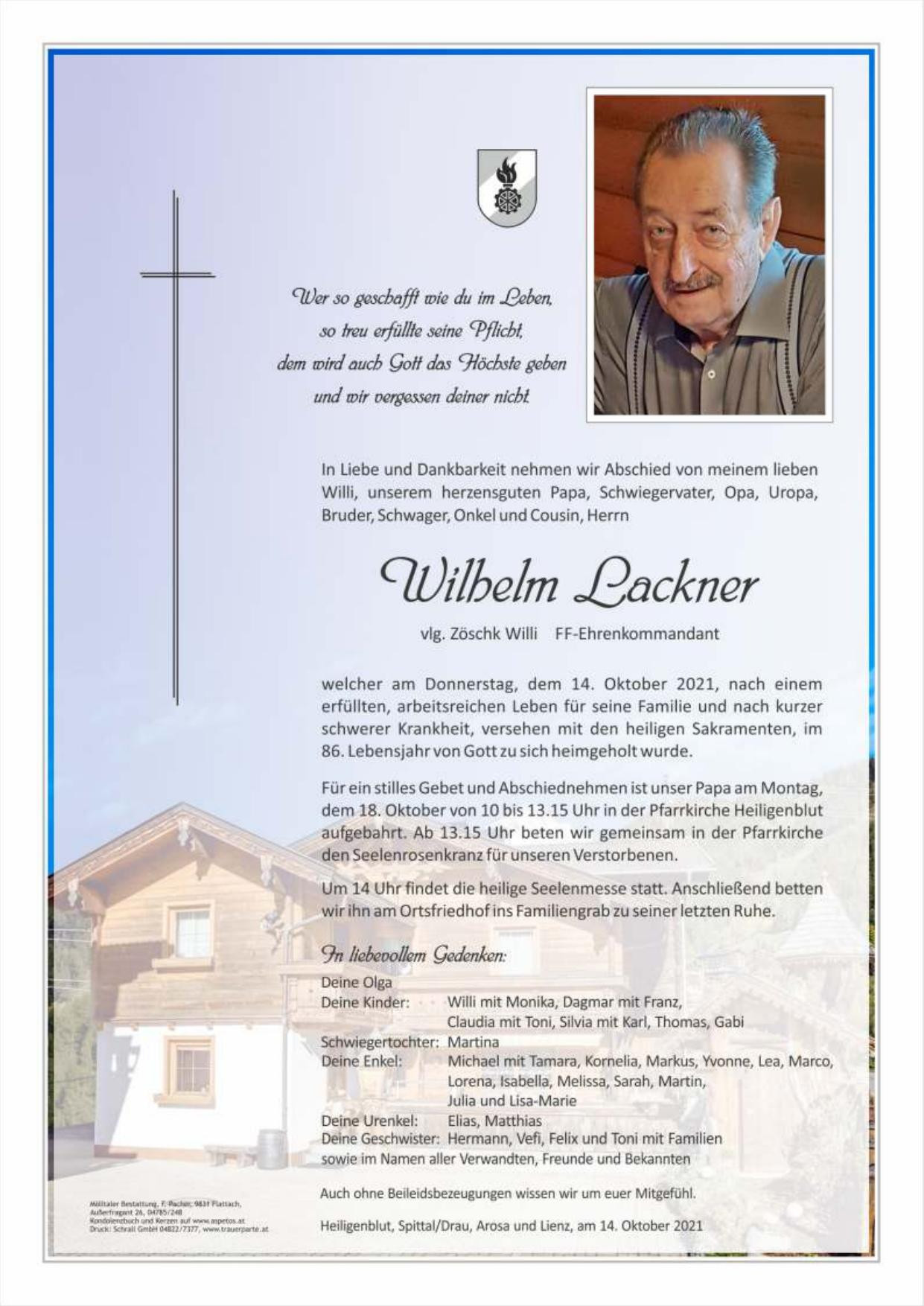 Traueranzeige von Wilhelm Lackner