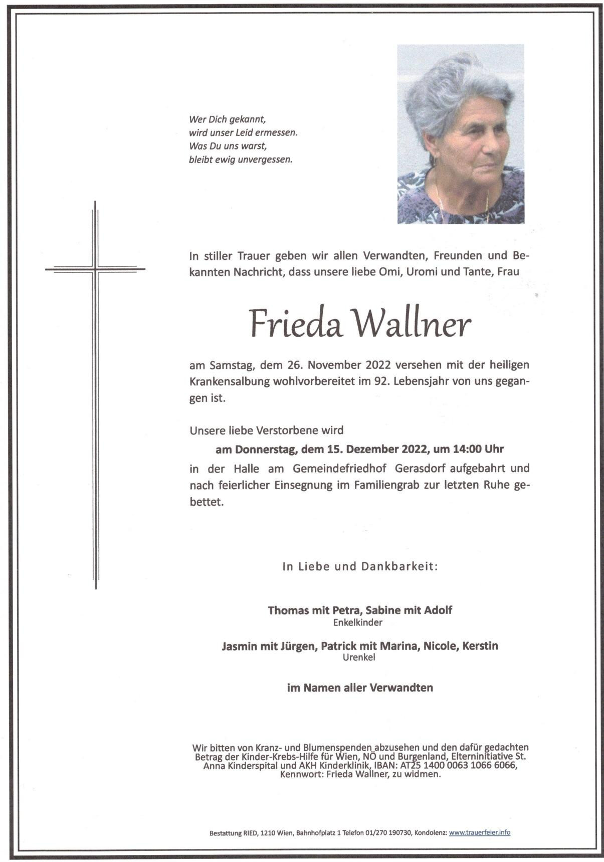Traueranzeige von Frieda Wallner