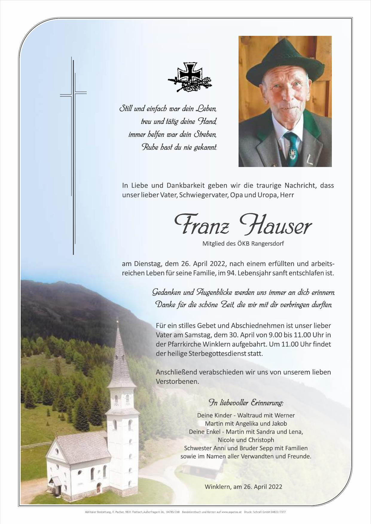 Traueranzeige von Franz Hauser