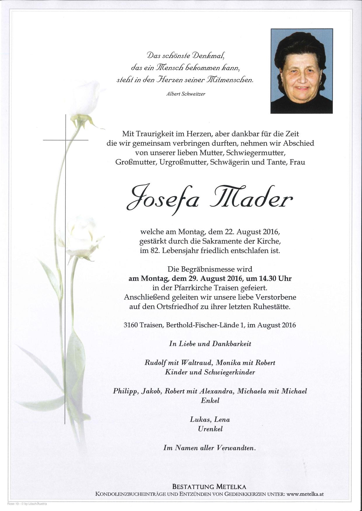 Traueranzeige von Josefa Mader