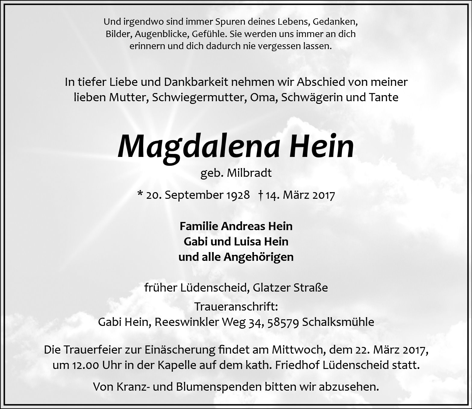 Traueranzeige von Magdalena Hein