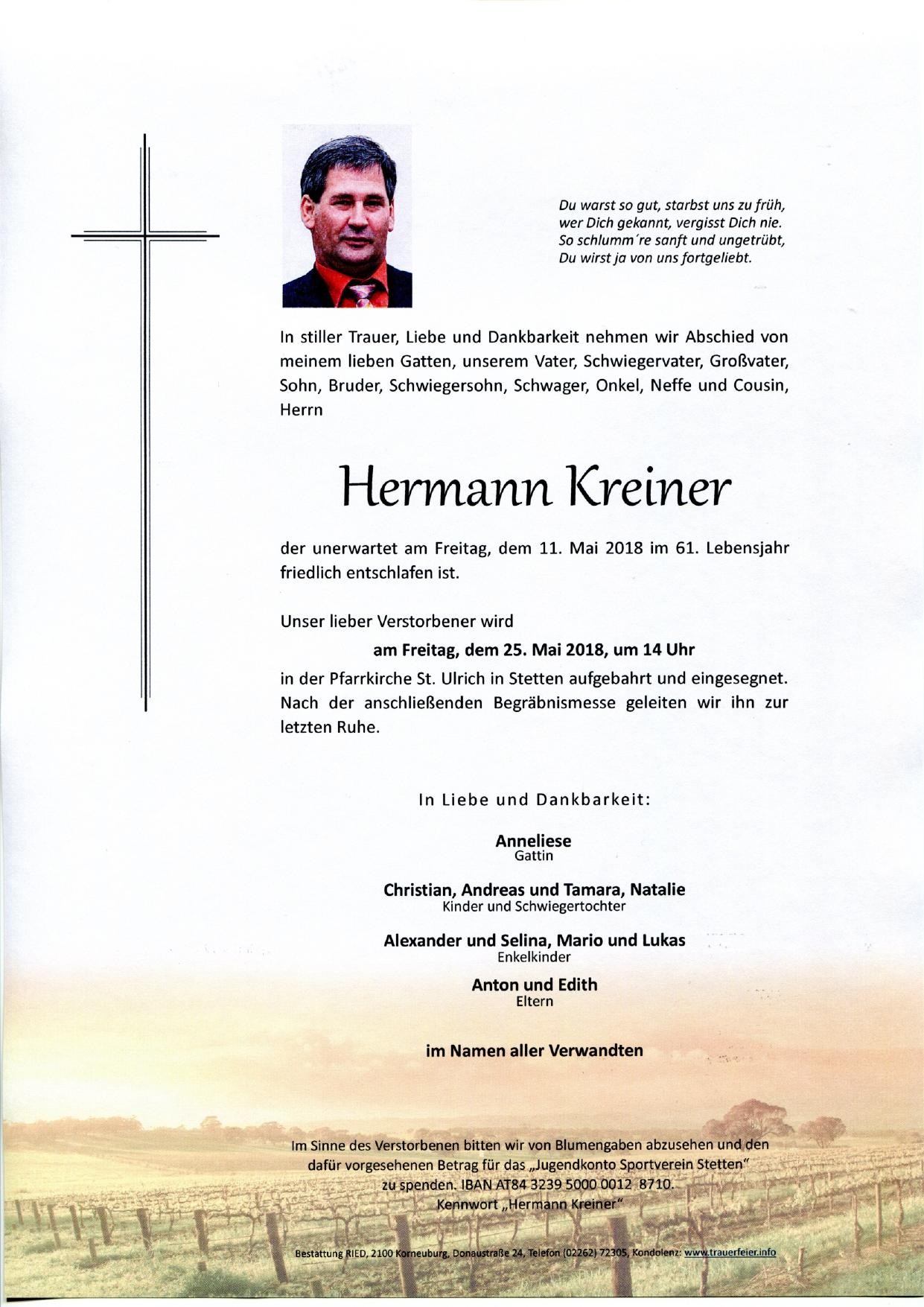 Traueranzeige von Hermann Kreiner