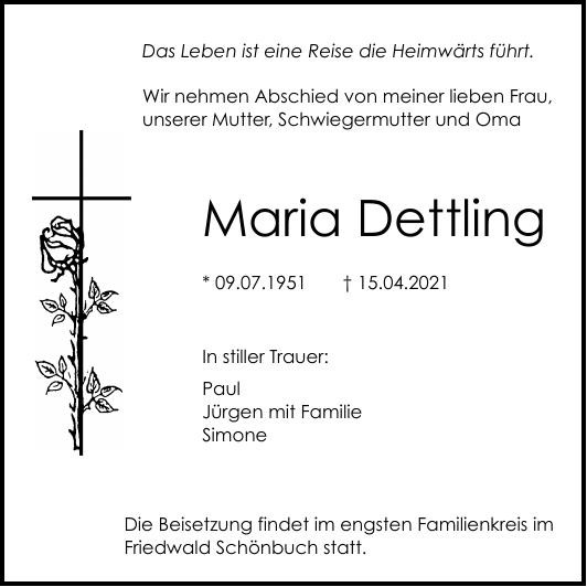 Traueranzeige von Maria Dettling