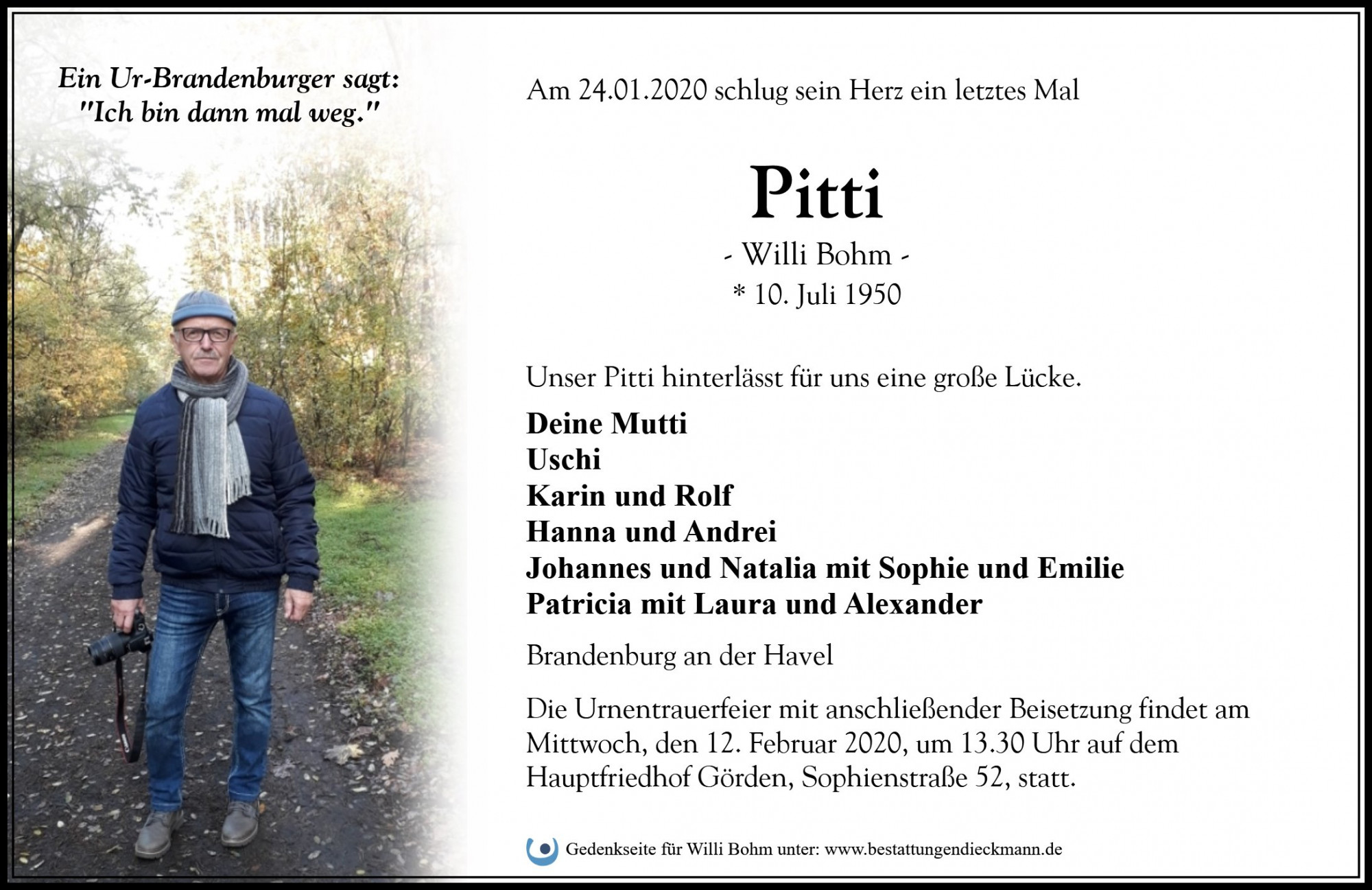 Traueranzeige von Pitti Willi Bohm
