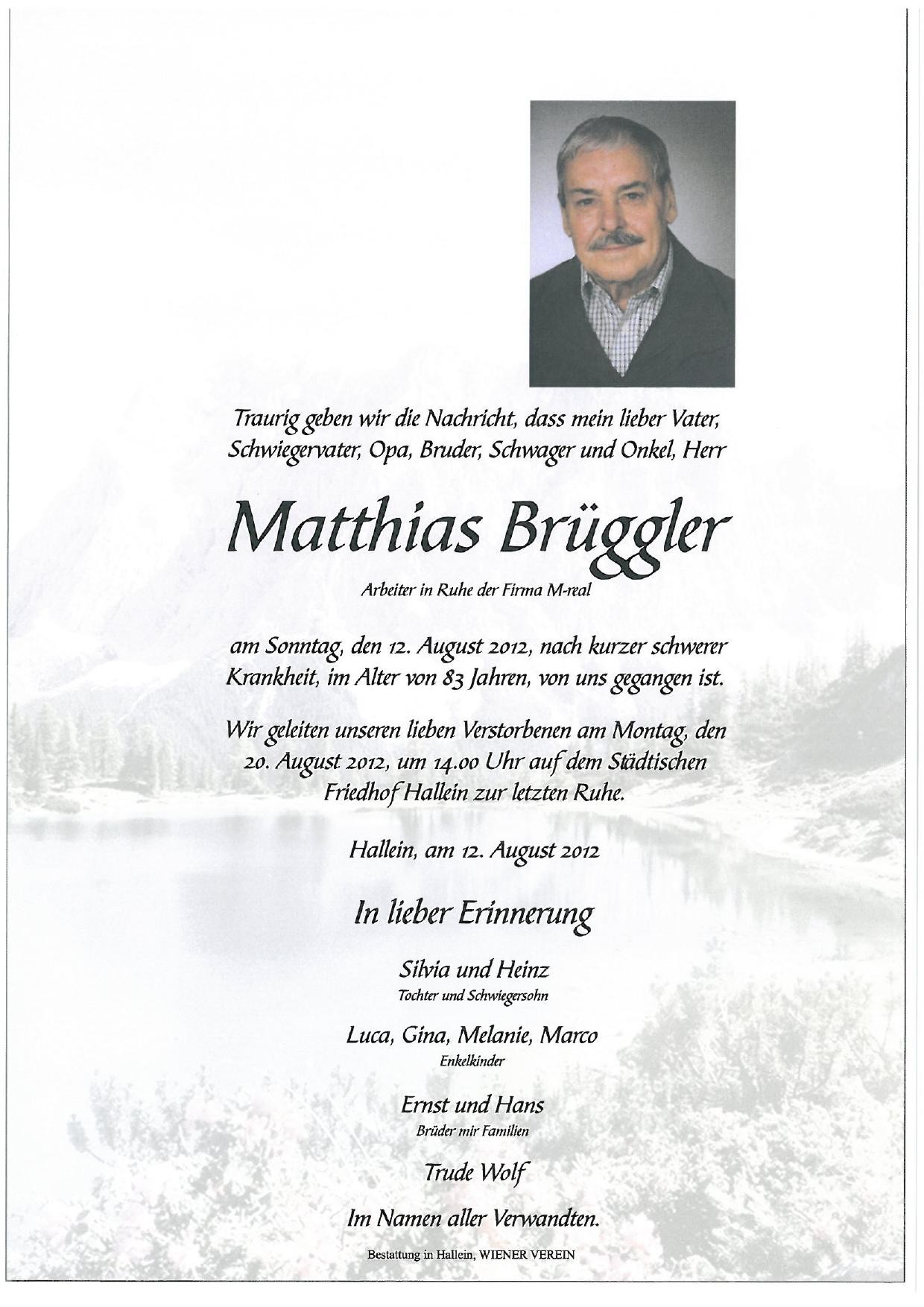 Traueranzeige von Matthias Brüggler