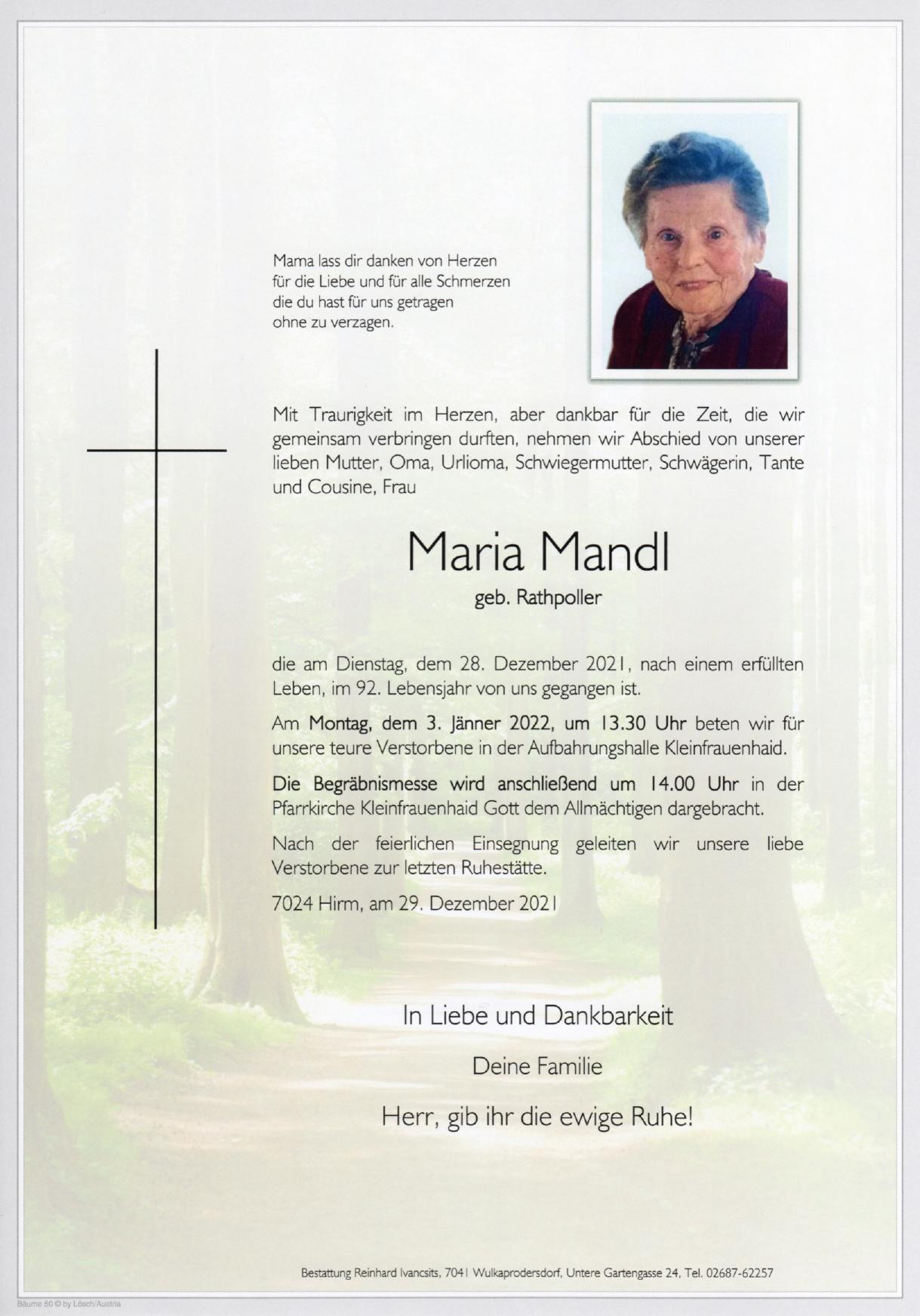 Traueranzeige von Maria Mandl